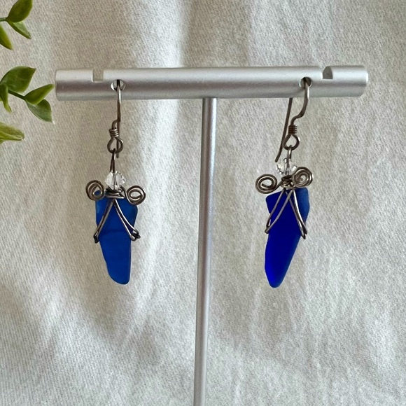 Handmade Blue Sea Glass Earrings - Picture 2 of 3